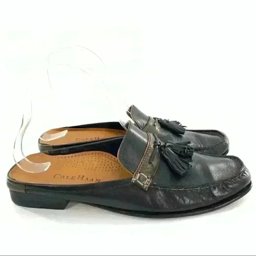 Cole Haan flats 7.5 black leather square toe tassel mules vintage 90s Academia